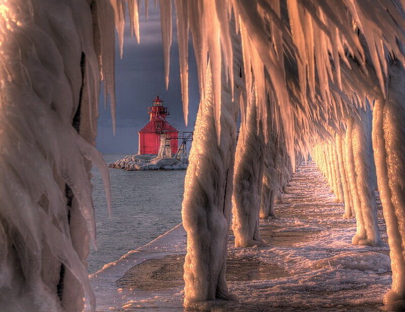 Red Lighthouse in Ice