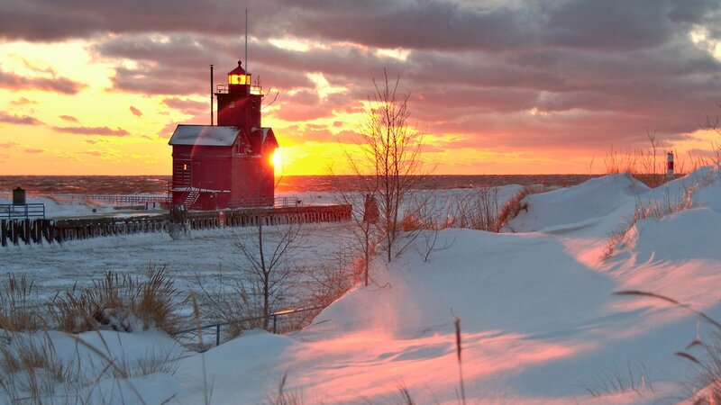 Red Lighthouse in Snow — Dramatic