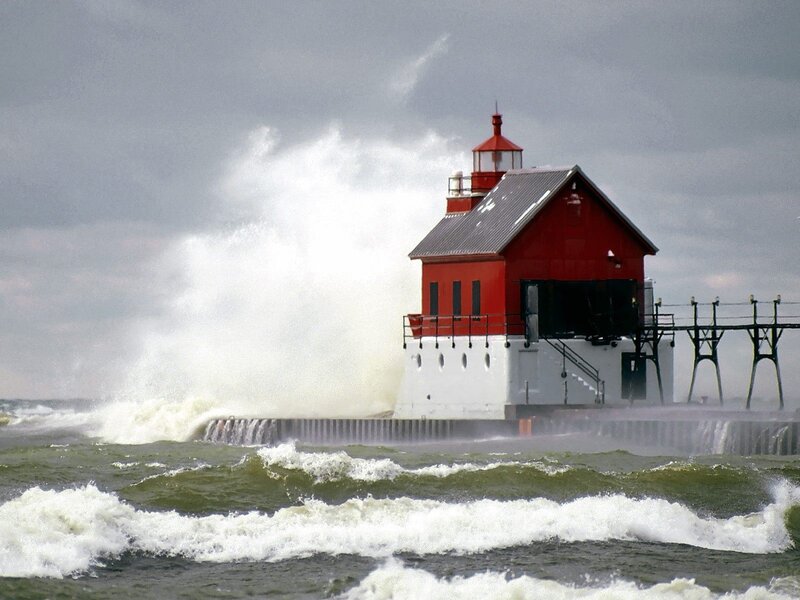 Red Lighthouse in Storm — Dramatic