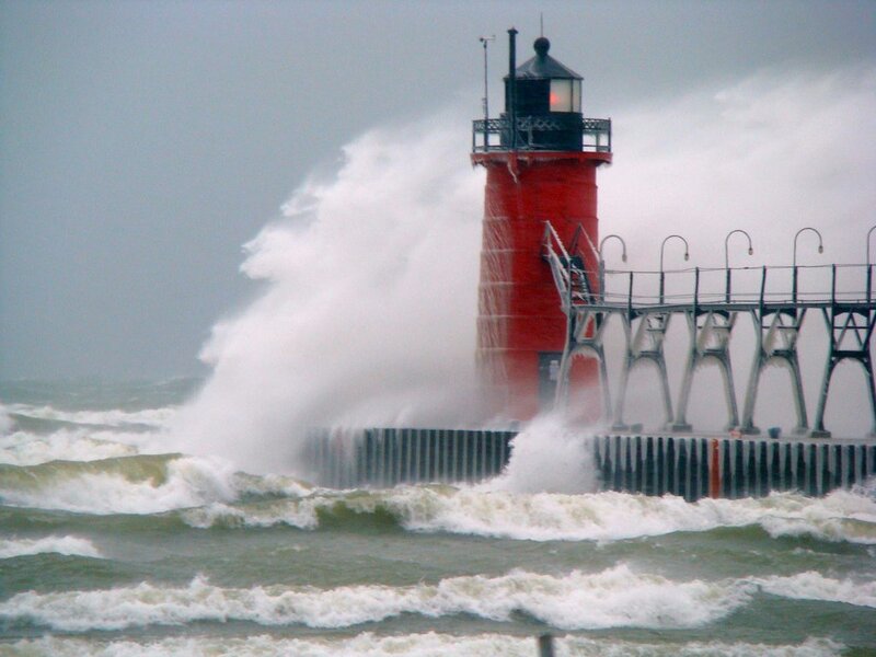 Red Lighthouse in Storm