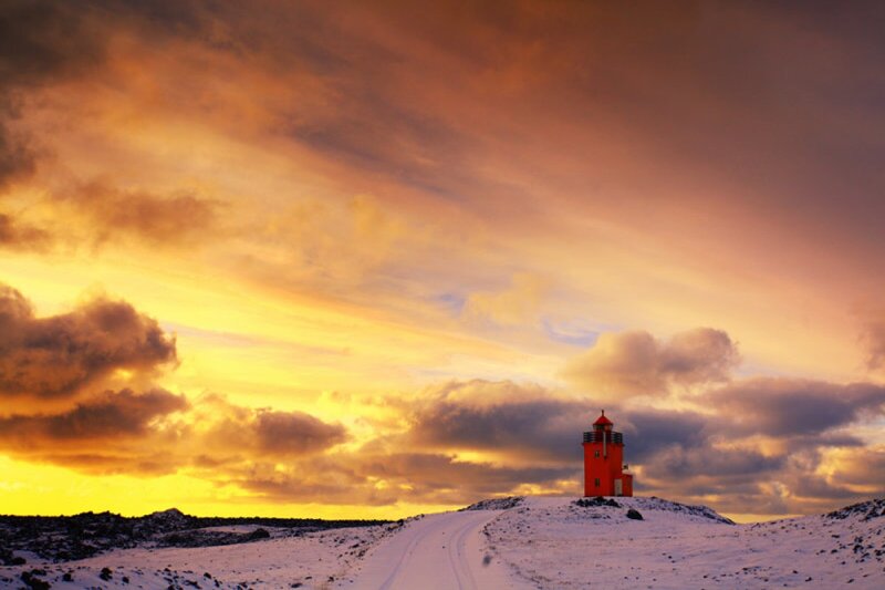 Red Lighthouse on Hill — Orange