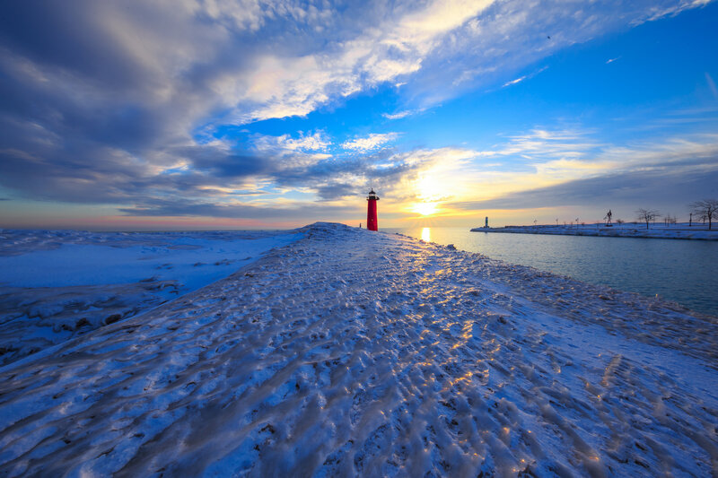 Red Lighthouse on Pier — Blue, Dramatic