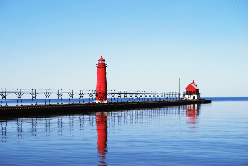 Red Lighthouse on Pier — Blue, Serene, Afternoon, Photograph