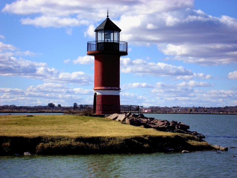 Red Lighthouse on Pier — Blue, Serene, Afternoon