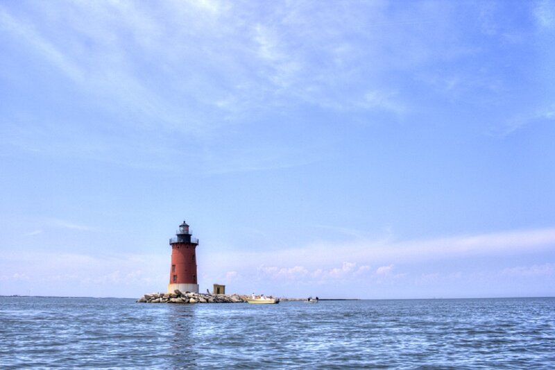 Red Lighthouse on Pier — Blue, Serene