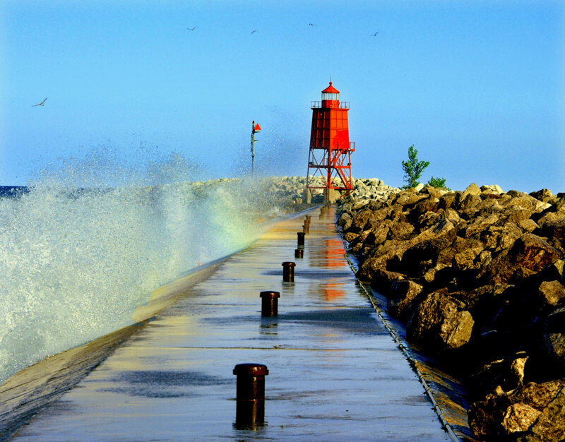 Red Lighthouse on Pier — Blue
