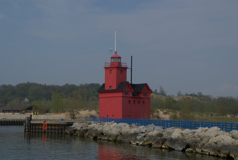 Red Lighthouse on Pier — Calm, Afternoon