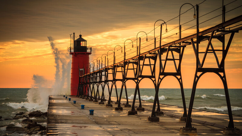 Red Lighthouse on Pier — Orange, Dramatic, Sunset