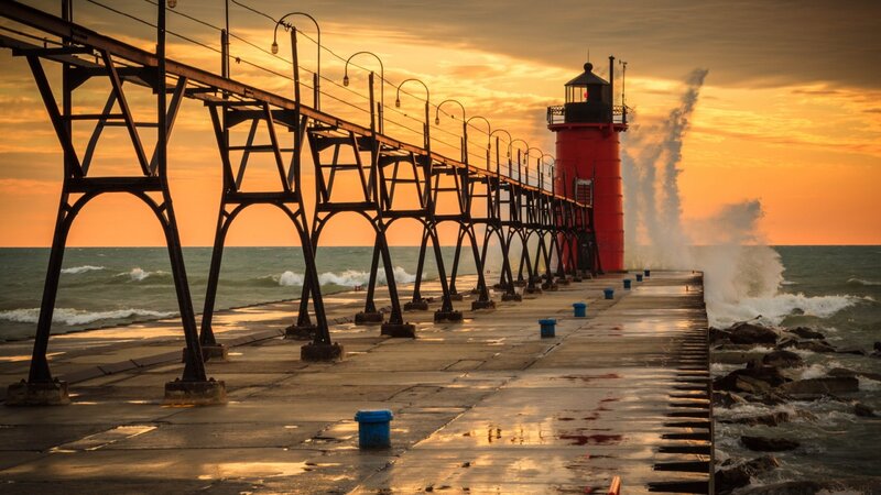 Red Lighthouse on Pier — Orange, Dramatic