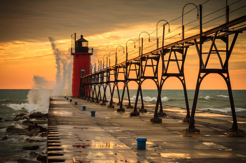 Red Lighthouse on Pier — Orange