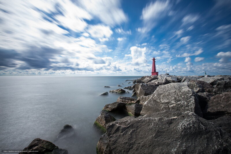 Red Lighthouse on Rocks — Blue