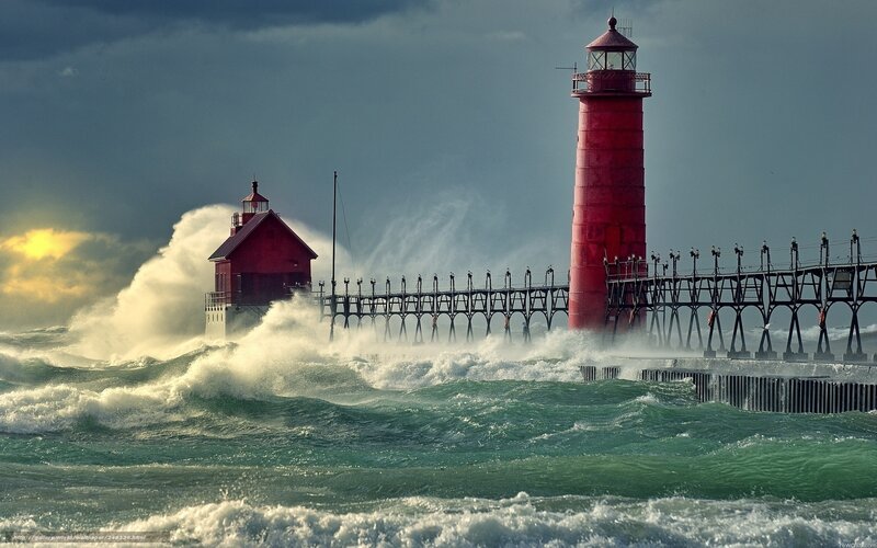 Red Lighthouses in Storm — Dramatic, Sunset, Photograph