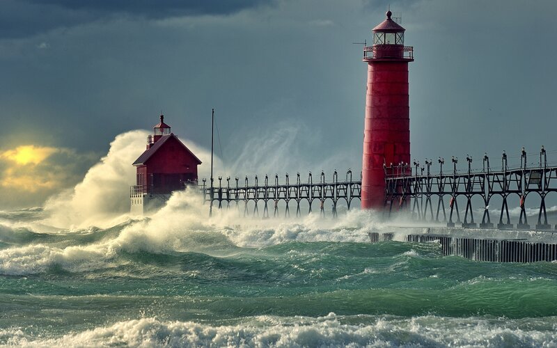 Red Lighthouses in Storm — Dramatic, Sunset