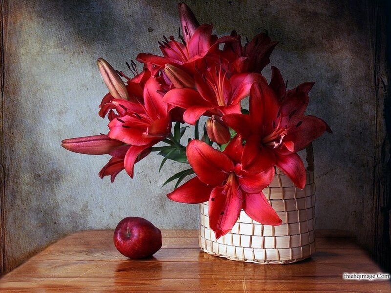 Red Lilies in Basket — Dramatic