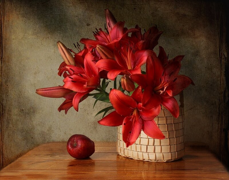 Red Lilies in Basket
