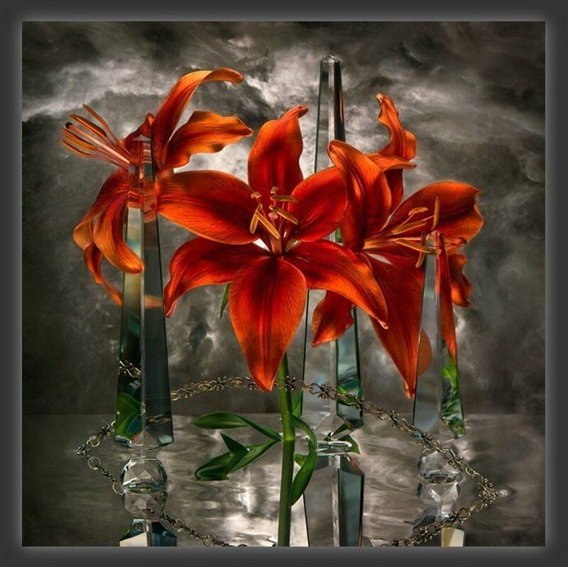 Red Lilies in Glass Vases