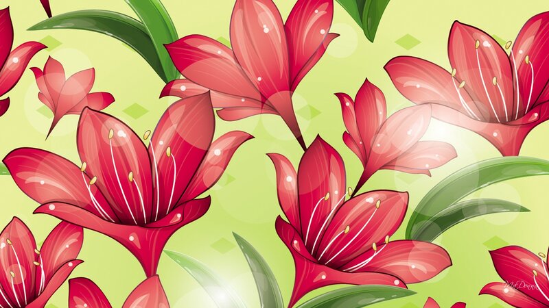 Red Lilies on Green