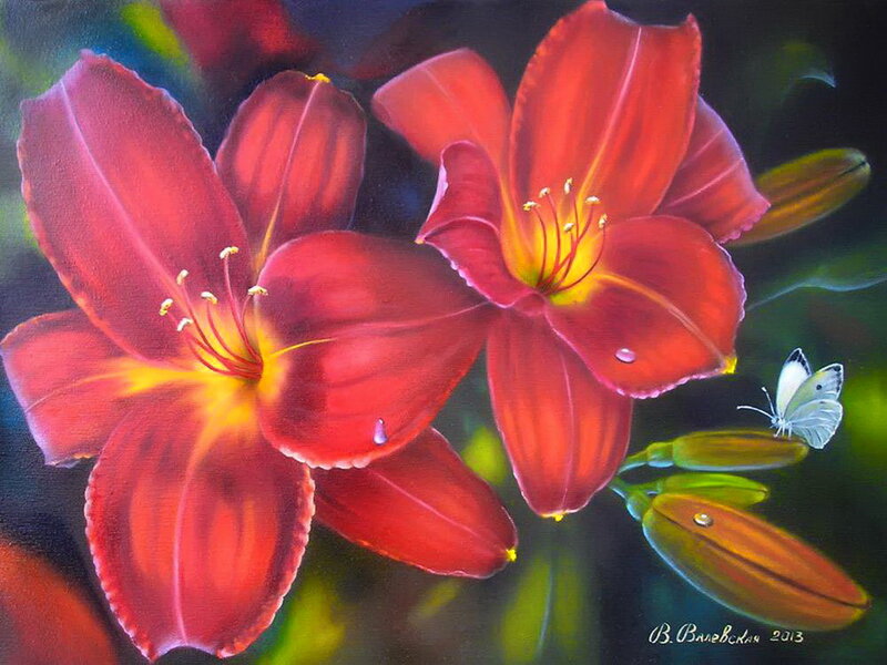 Red Lilies with Butterfly — Serene