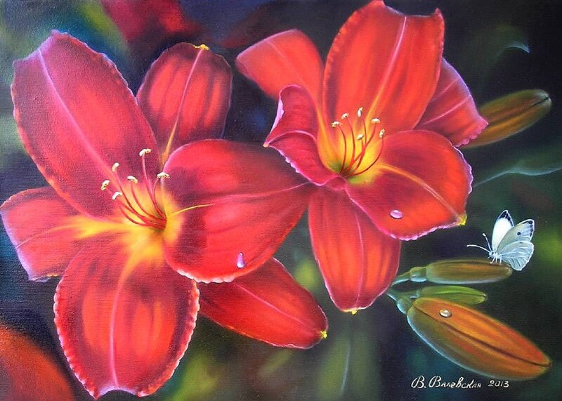 Red Lilies with Butterfly