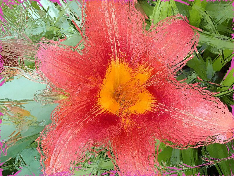 Red Lily Flower — Vibrant, Digital Art, Green Leaves