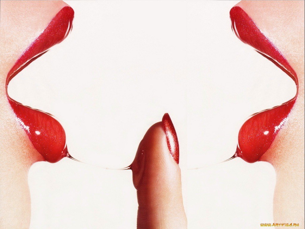 red lipstick lips and finger