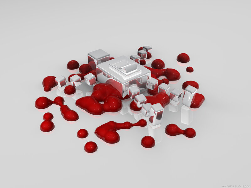 Red Liquid and Silver Cubes — Abstract, 3d Render