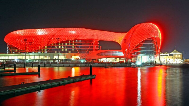 red-lit building at night