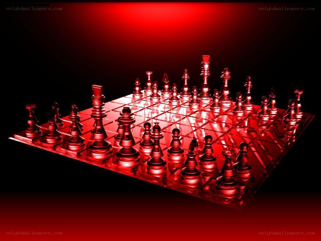 Red-lit chess set on glass board