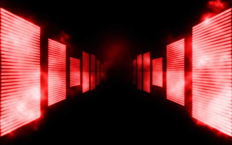 red-lit digital corridor