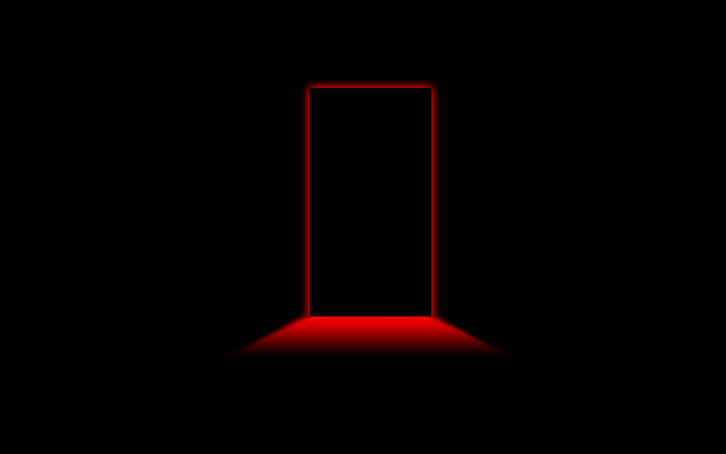 red-lit doorway in darkness