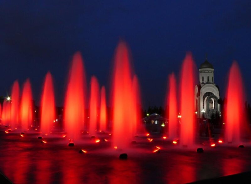 Red-lit Fountains at Night