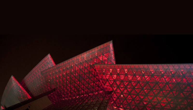red-lit modern architecture