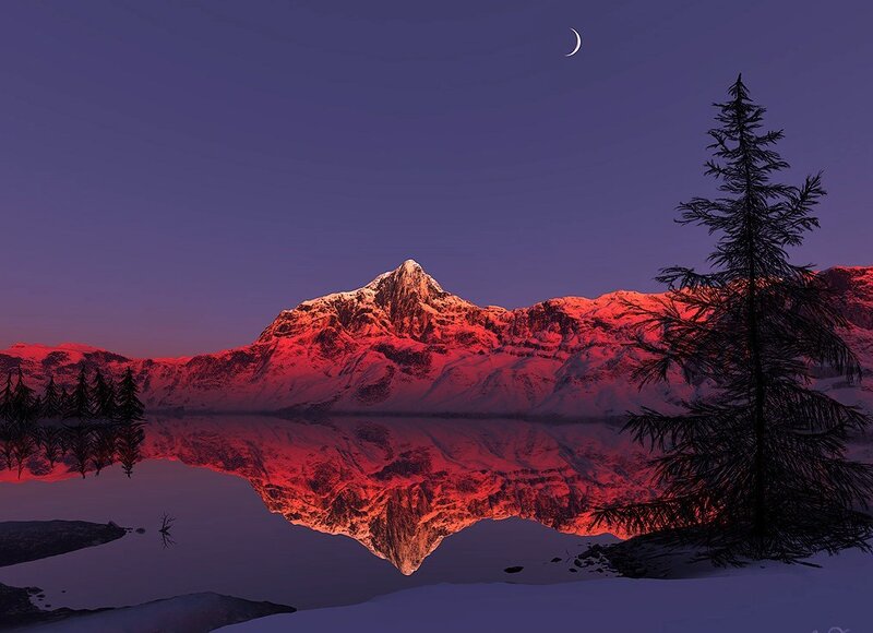 Red-lit mountain at dusk