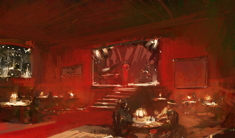 Red-lit performance hall