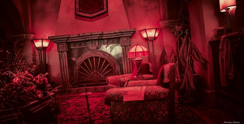 Red-lit Room with Fireplace