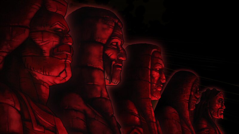 red-lit stone statues