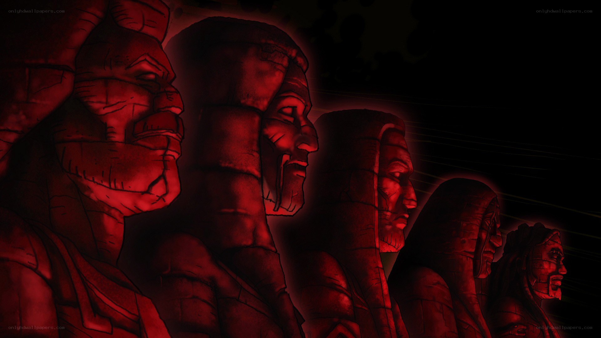 red-lit stone statues