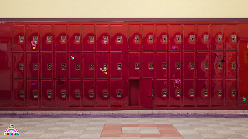 Red Lockers in Hallway