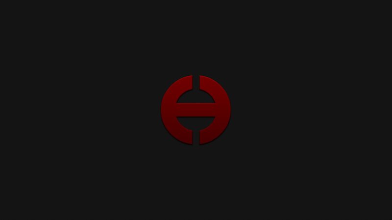 red logo on dark background