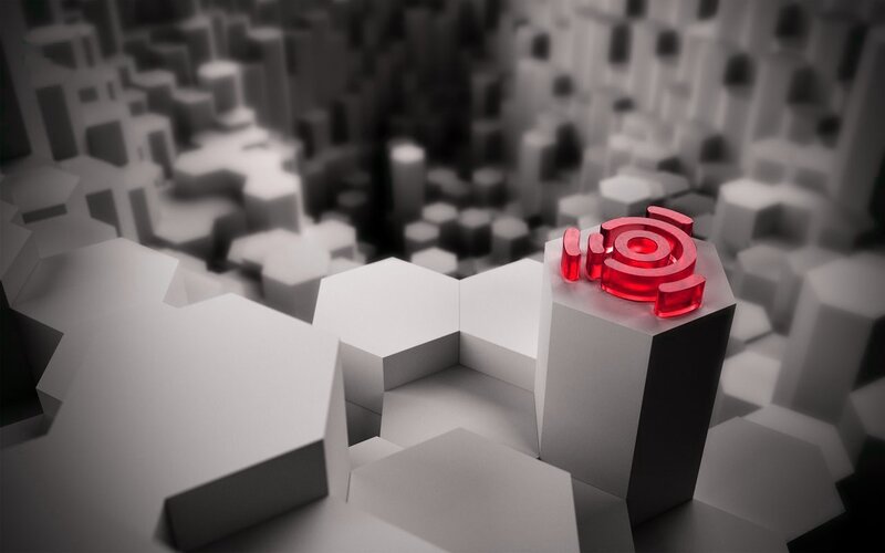 Red logo on geometric structure