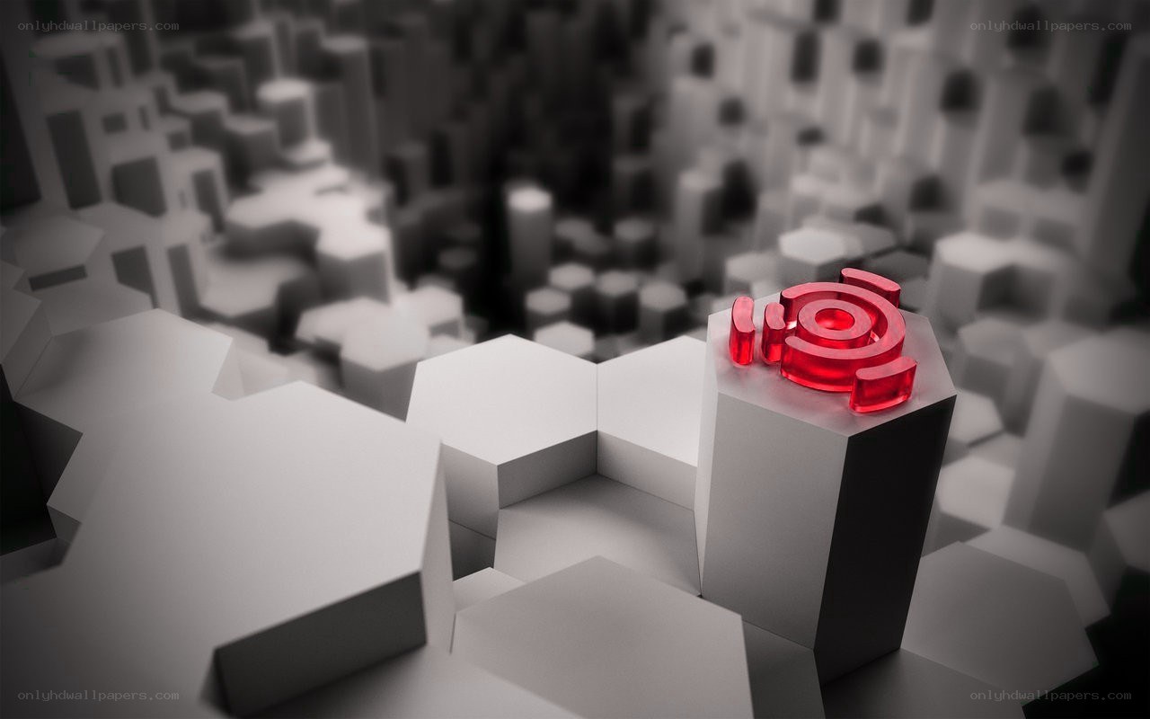 Red logo on geometric structure
