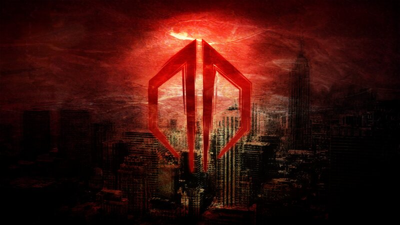 Red Logo over City