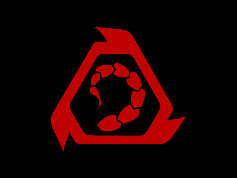 red logo with circular pattern
