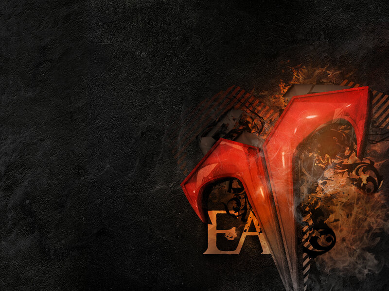 red logo with fiery background