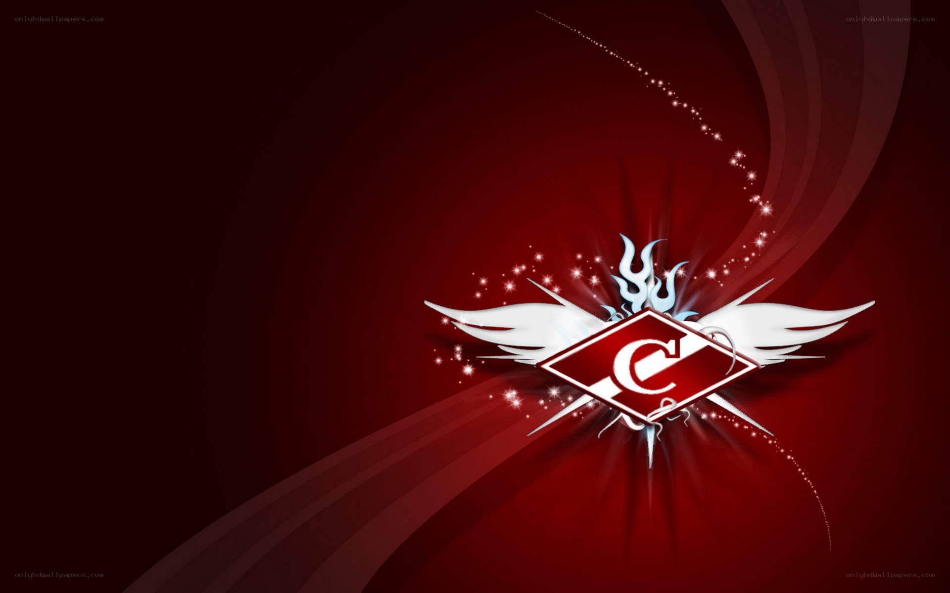 red logo with wings and sparkles
