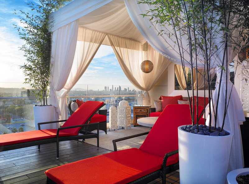 Red Lounge Chairs on Terrace