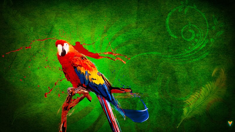 Red Macaw on Branch — Green, Vibrant, Digital Art, Feather