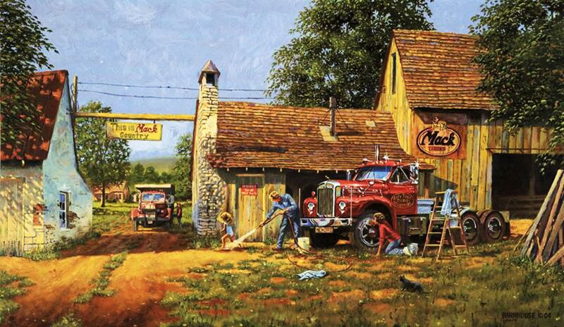 Red Mack Truck at Garage