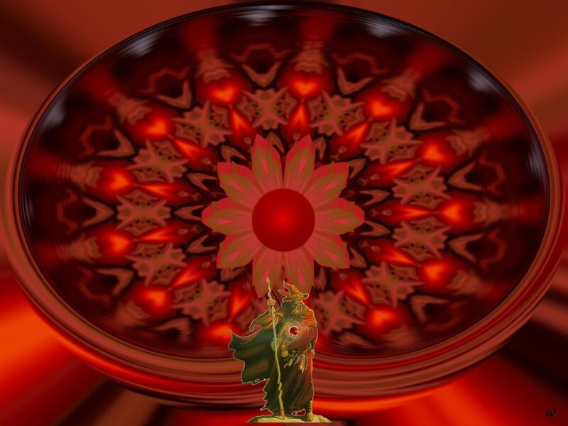 Red mandala with wizard figure