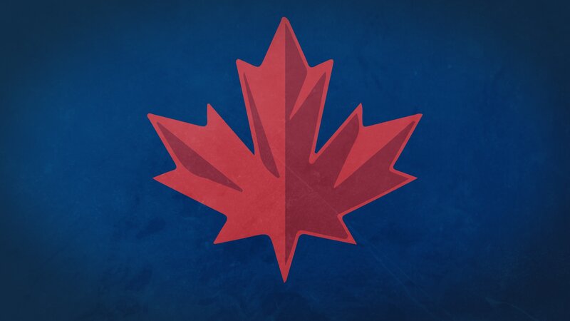 Red maple leaf on blue background
